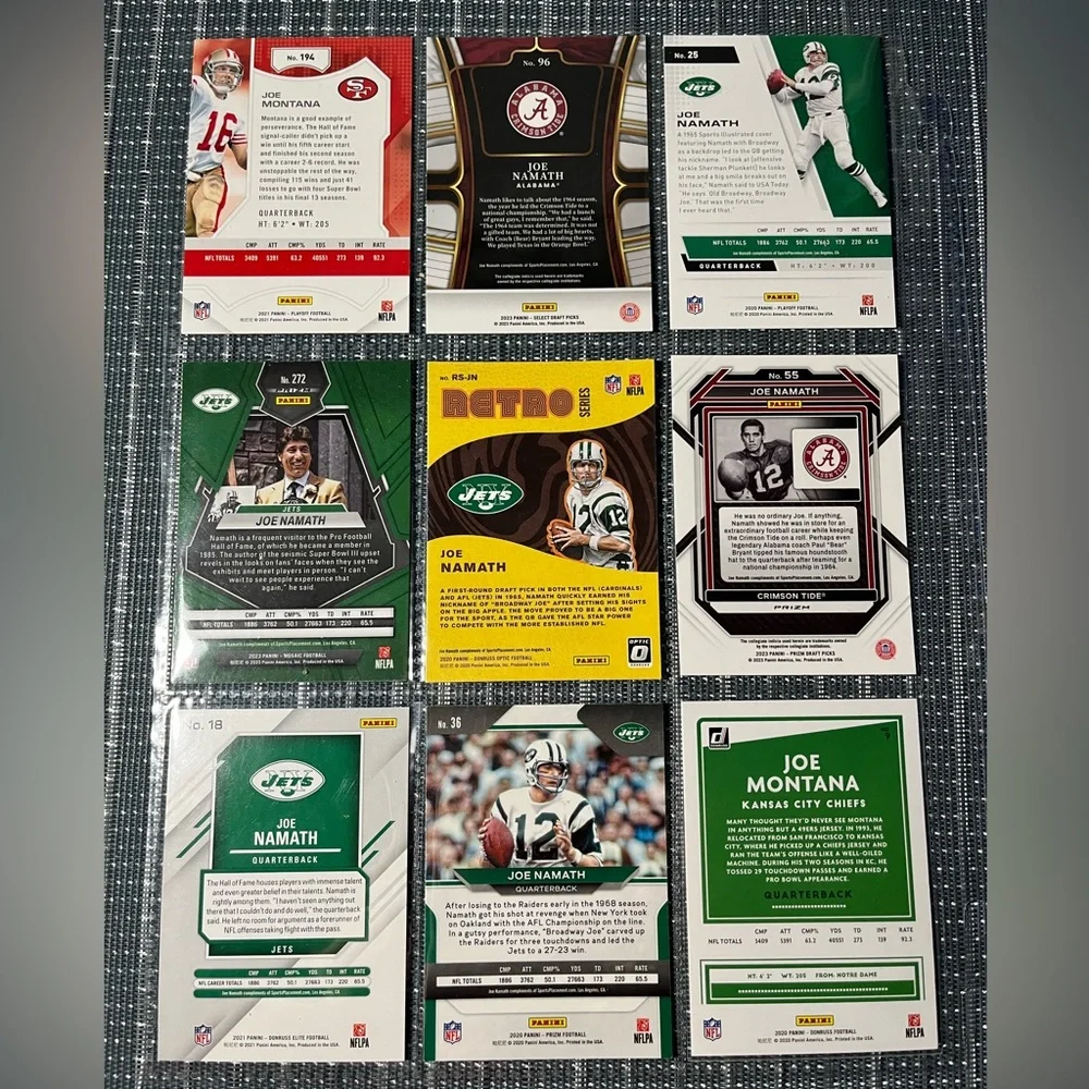 🏈 Joe Namath NFL National Football League Sports Trading Cards, Qty 9, Lot #1